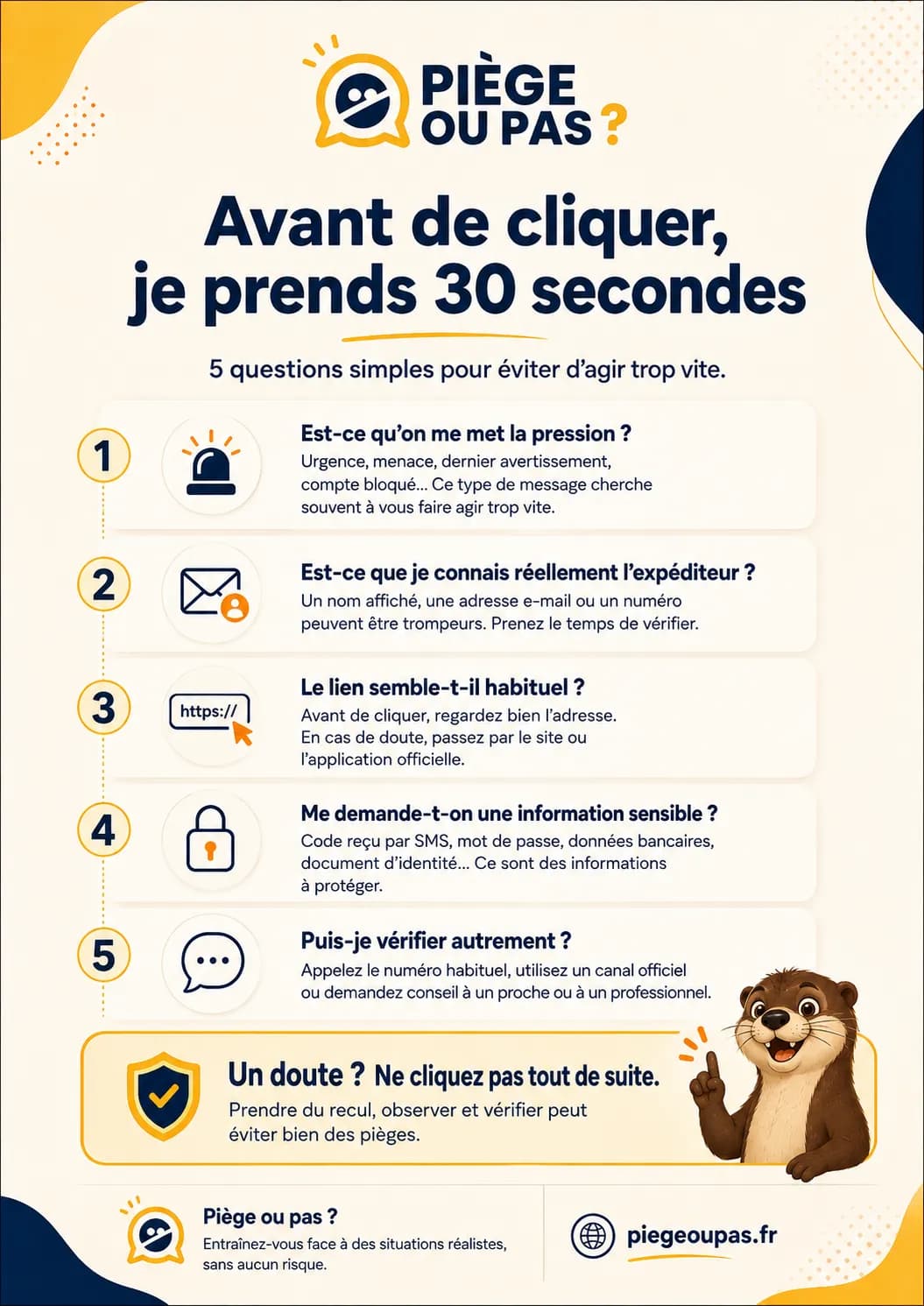 Version illustrée, avec la mascotte de PIÈGE OU PAS ?, de l'affiche « Avant de cliquer, je prends 30 secondes ».