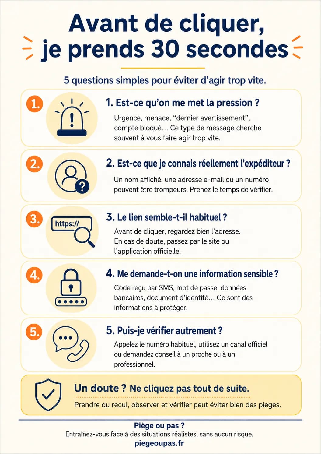 Affiche « Avant de cliquer, je prends 30 secondes » : cinq questions à se poser avant de cliquer sur un lien reçu par message.