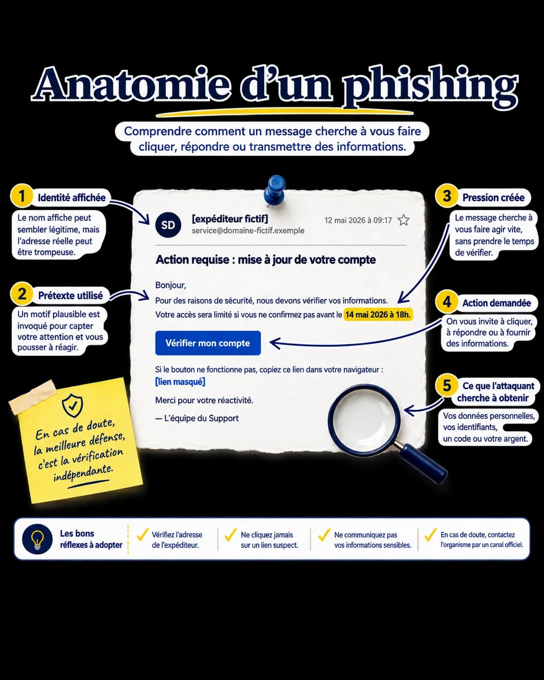 Schéma pédagogique montrant les cinq éléments d'un message de phishing, numérotés autour d'un message fictif : l'identité affichée, le prétexte utilisé, la pression créée, l'action demandée et ce que l'attaquant cherche à obtenir.