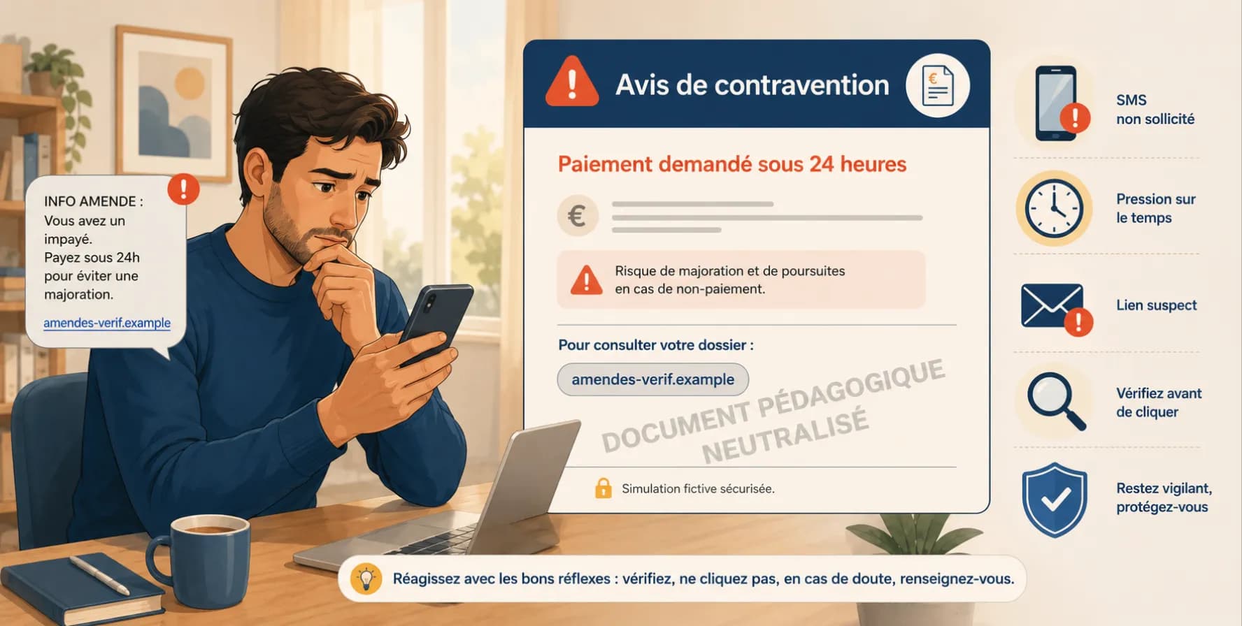 Illustration pédagogique montrant un homme inquiet consultant un SMS au sujet d’une prétendue amende impayée. À côté de lui, un faux avis de contravention demande un paiement sous 24 heures, avec plusieurs signaux d’alerte visibles : SMS non sollicité, pression sur le temps, lien suspect et rappel de vérifier avant de cliquer.